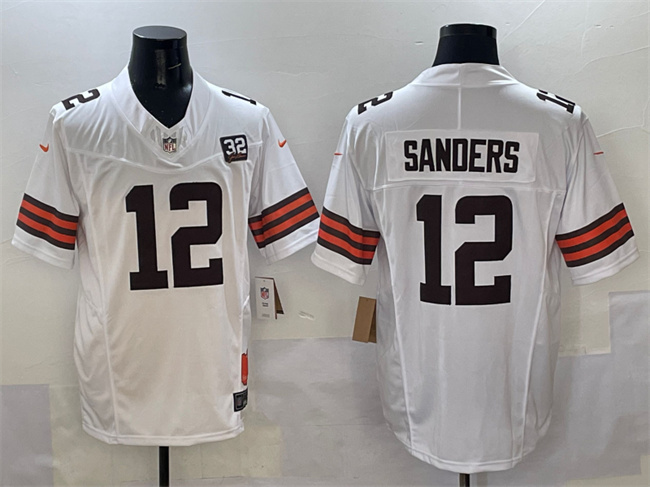 Men's Cleveland Browns #12 Shedeur Sanders White 2025 Draft F.U.S.E. With Jim Brown Memorial & Home Patch Vapor Limited Stitched Football Jersey