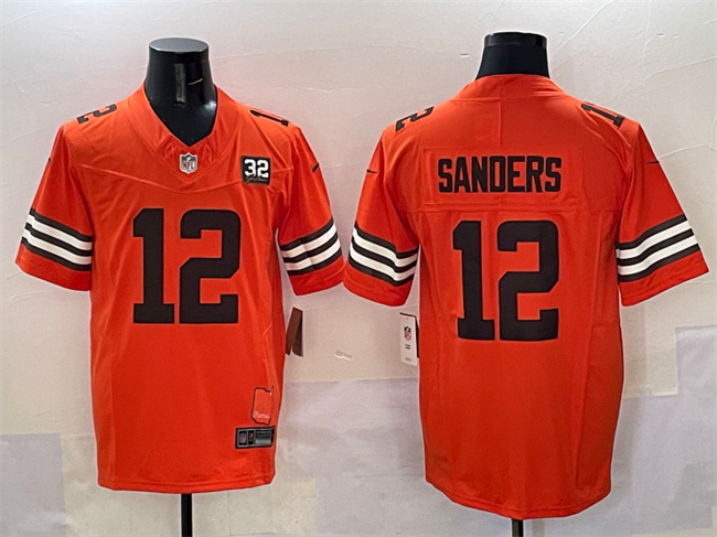 Men's Cleveland Browns #12 Shedeur Sanders Orange 2025 Draft F.U.S.E. With Jim Brown Memorial & Home Patch Vapor Limited Stitched Football Jersey