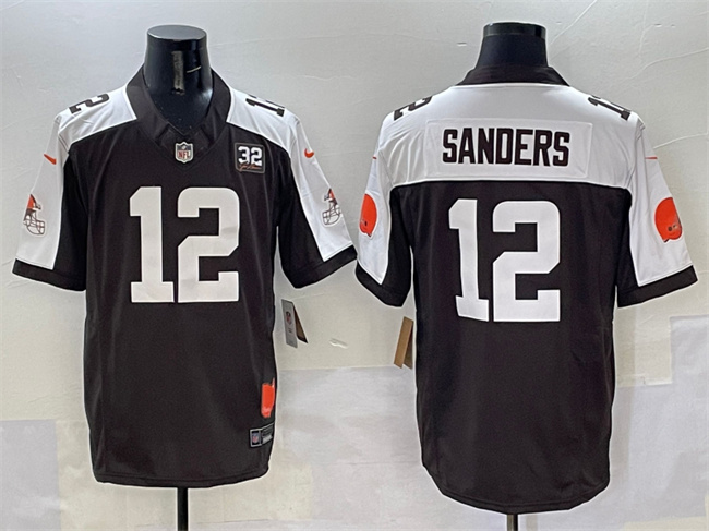 Men's Cleveland Browns #12 Shedeur Sanders Brown White 2025 Draft F.U.S.E. With Jim Brown Memorial & Home Patch Vapor Limited Stitched Football Jersey