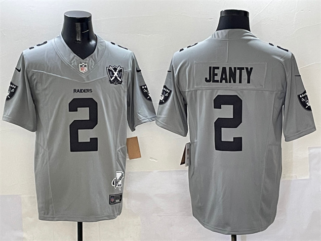Men's Las Vegas Raiders #2 Ashton Jeanty Gray 2025 Draft F.U.S.E. With Nevada Silver Stat Patch And 65th Anniversary Patch Stitched Football Jersey