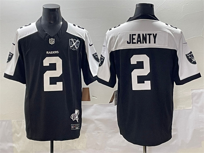 Men's Las Vegas Raiders #2 Ashton Jeanty Black White 2025 Draft F.U.S.E. With Nevada Silver Stat Patch And 65th Anniversary Patch Stitched Football Jersey