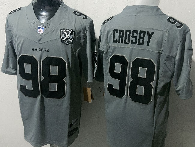 Men's Las Vegas Raiders #98 Maxx Crosby Gray 2025 F.U.S.E. With John Madden Honoring & Nevada Silver State And 3-Star C Patch Stitched Football Jersey