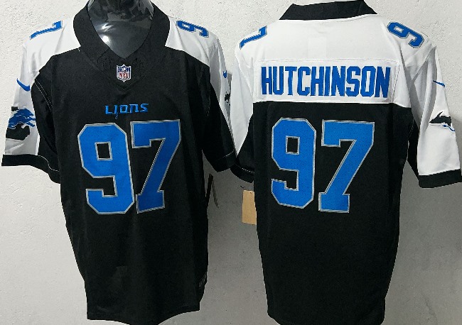 Men's Detroit Lions #97 Aidan Hutchinson Black White 2025 NFC North Champions F.U.S.E. Vapor Limited Stitched Jersey
