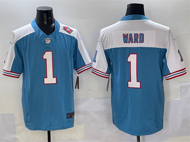 Men's Tennessee Titans #1 Cameron Ward Blue White 2025 Draft F.U.S.E. 1997 Throwback Patch Vapor Limited Stitched Football Jersey