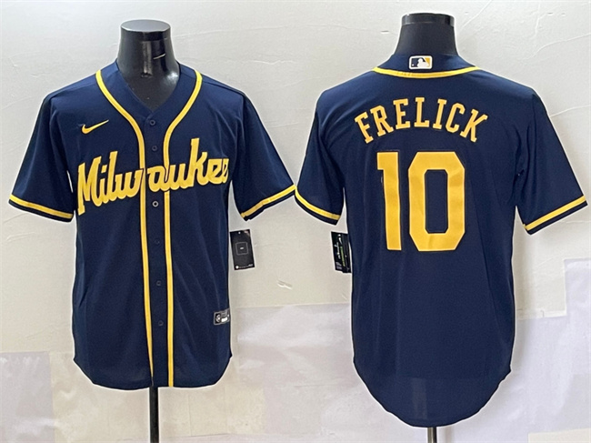 Men's Milwaukee Brewers #10 Sal Frelick Navy Cool Base Stitched Jersey