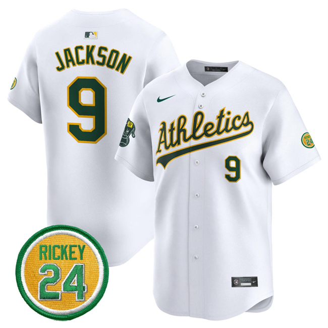 Men's Oakland Athletics #9 Reggie Jackson White 2024 Home Limited With Rickey Henderson Patch Stitched Jersey