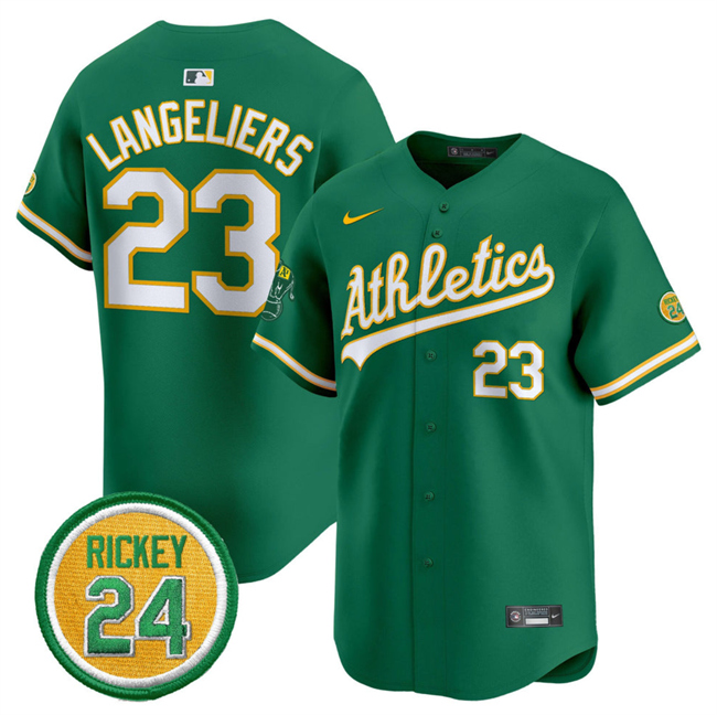 Men's Oakland Athletics #23 Shea Langeliers Green 2024 Limited With Rickey Henderson Patch Stitched Jersey