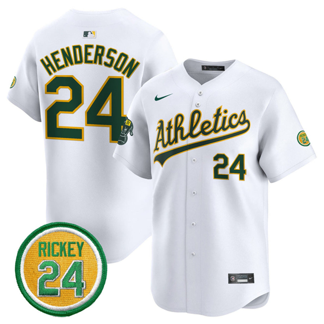 Men's Oakland Athletics #24 Rickey Henderson White 2024 Home Limited With Rickey Henderson Patch Stitched Jersey