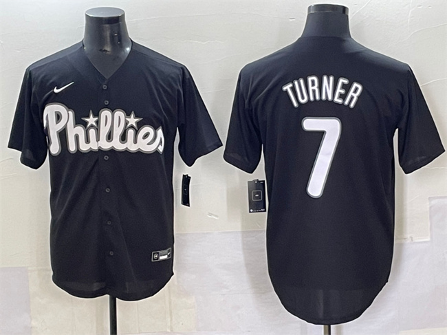 Men's Philadelphia Phillies #7 Trea Turner Black Lights Out Limited Stitched Baseball Jersey