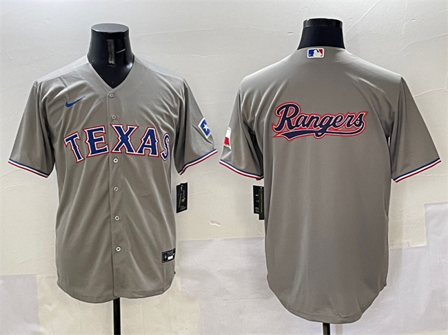 Men's Texas Rangers Team Big Logo Grey With Patch Cool Base Stitched Baseball  Jersey