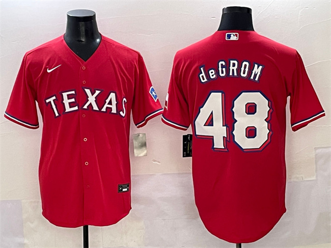 Men's Texas Rangers #48 Jacob DeGrom Red With Patch Cool Base Stitched Baseball Jersey