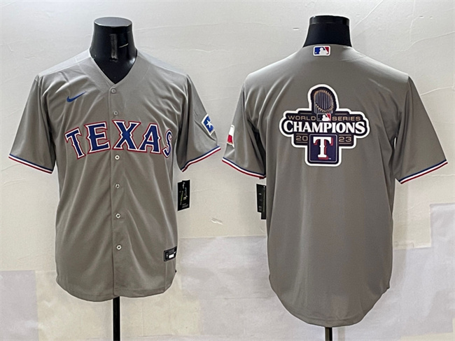 Men's Texas Rangers Grey 2023 World Series Champions Big Logo With Patch Cool Base Stitched Baseball Jersey