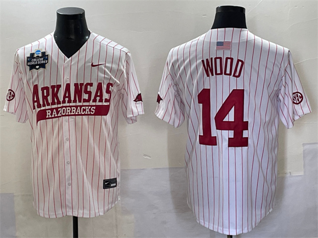 Men's Arkansas Razorbacks #14 Gage Wood White Pinstripe 2025 World Series & SEC Patch Stitched Jersey