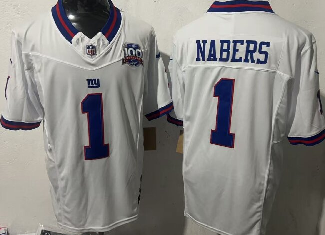 Men's New York Giants #1 Malik Nabers White F.U.S.E. 100th Season And State Patch Vapor Limited Stitched Football Jersey