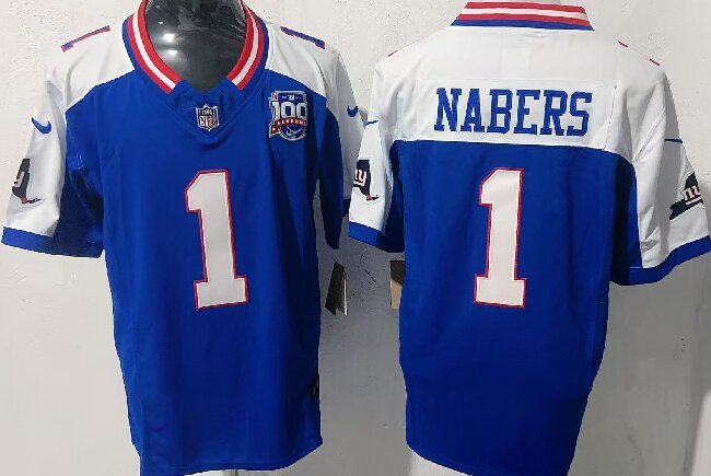 Men's New York Giants #1 Malik Nabers Royal  F.U.S.E. 100th Season And State Patch Vapor Limited Alternate Stitched Football Jersey