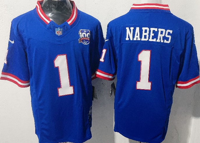 Men's New York Giants #1 Malik Nabers Royal  F.U.S.E. 100th Season And State Patch Vapor Limited Stitched Football Jersey