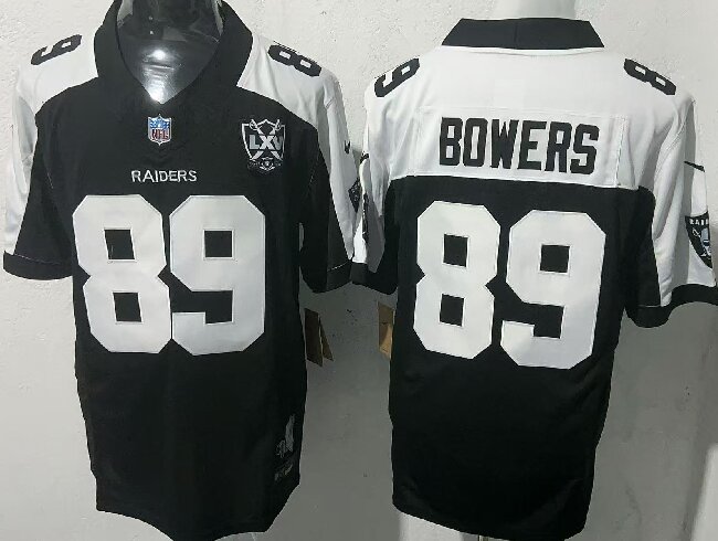 Men's Las Vegas Raiders #89 Brock Bowers Black White F.U.S.E With Nevada Silver Stat Patch And 65th Anniversary Patch Stitched Football Jersey