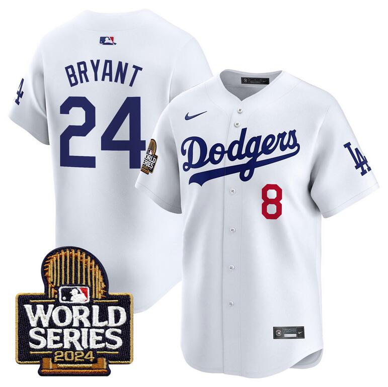 Men's Los Angeles Dodgers Front #8 Back #24 Kobe Bryant White Jackie Robinson Patch Home Limited Stitched Baseball Jersey