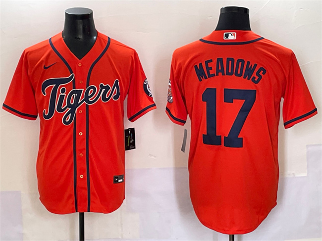Men's Detroit Tigers #17 Parker Meadows Orange With Patch Cool Base Stitched Baseball Jersey
