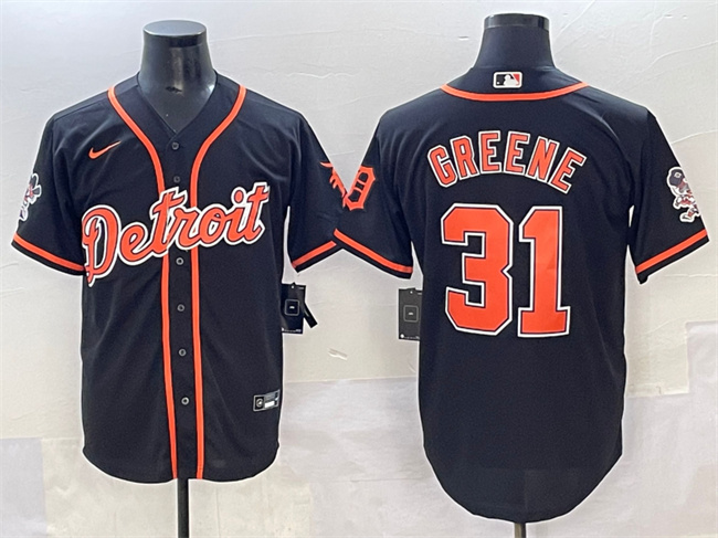 Men's Detroit Tigers #31 Riley Greene Black With Patch Cool Base Stitched Baseball Jersey