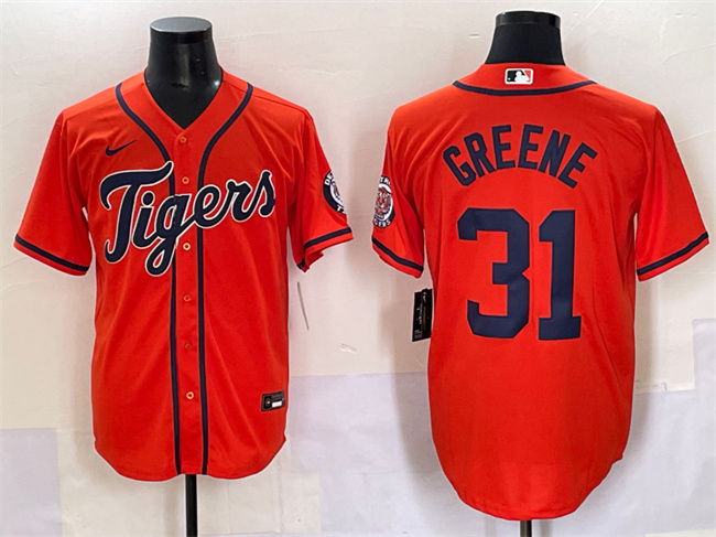 Men's Detroit Tigers #31 Riley Greene Orange With Patch Cool Base Stitched Baseball Jersey
