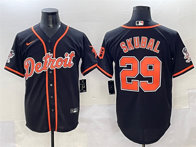 Men's Detroit Tigers #29 Tarik Skubal Black With Patch Cool Base Stitched Baseball Jersey