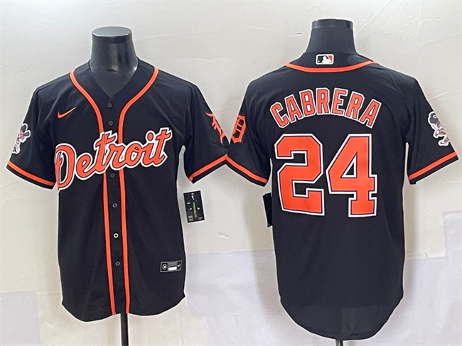 Men's Detroit Tigers #24 Miguel Cabrera Black With Patch Cool Base Stitched Baseball Jersey