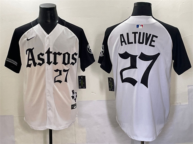 Men's Houston Astros #27 Jose Altuve White Black Gothic 'Houston Born Barrio Raised' Limited Stitched Baseball Jersey