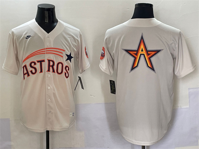 Men's Houston Astros Team Big Logo Cream Throwback Cooperstown Collection Limited Stitched Baseball Jersey 005