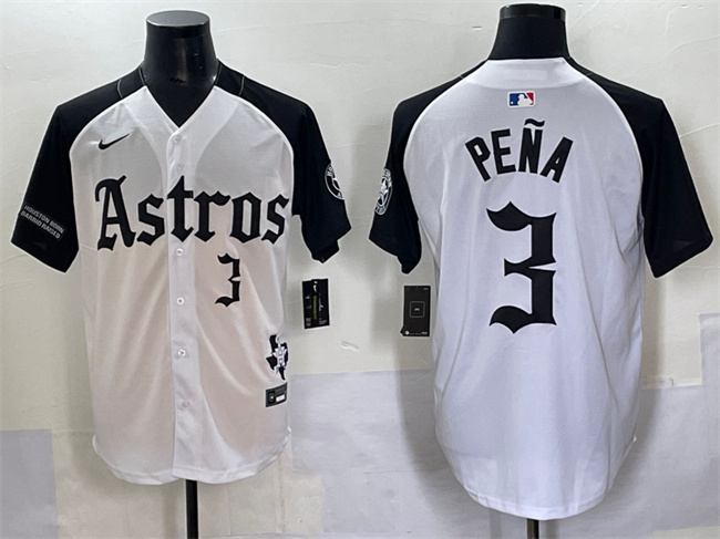 Men's Houston Astros #3 Jeremy Pe?a White Black Gothic 'Houston Born Barrio Raised' Limited Stitched Baseball Jersey