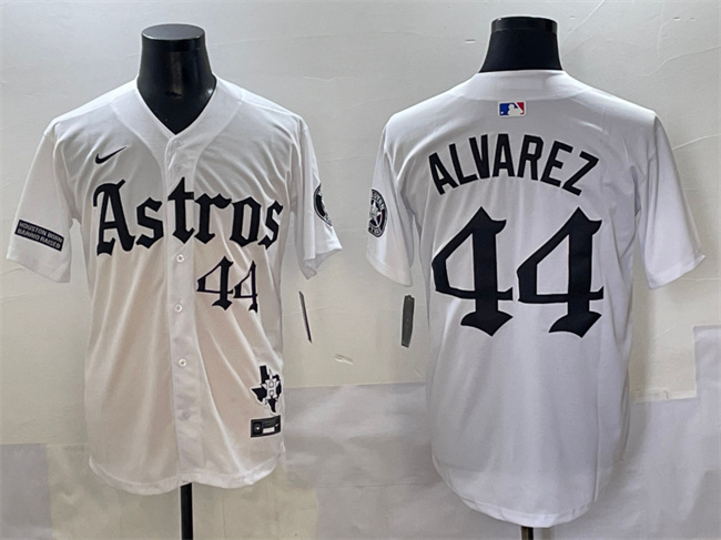 Men's Houston Astros #44 Yordan Alvarez White Gothic 'Houston Born Barrio Raised' Limited Stitched Baseball Jersey