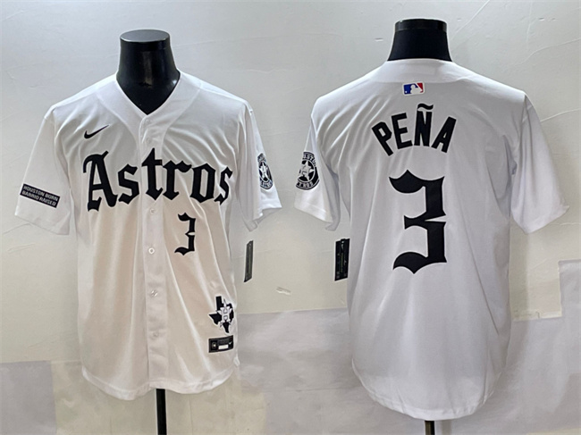 Men's Houston Astros #3 Jeremy Pe?a White Gothic 'Houston Born Barrio Raised' Limited Stitched Baseball Jersey