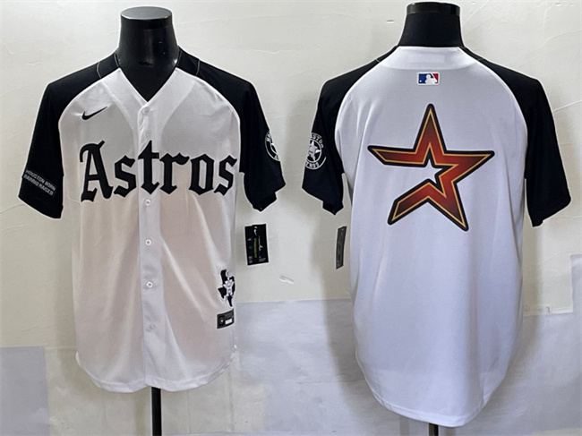 Men's Houston Astros Team Big Logo White Black Gothic 'Houston Born Barrio Raised' Limited Stitched Baseball Jersey 003