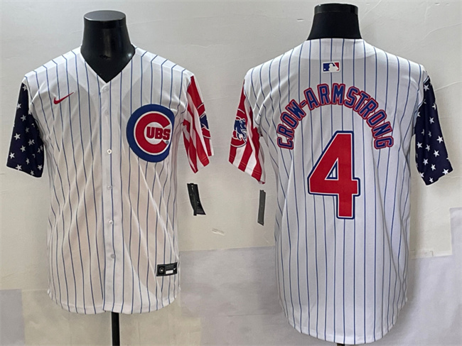 Men's Chicago Cubs #4 Pete Crow-Armstrong White Pinstripe 2025 Independence Day Vapor Premier Limited Stitched Baseball Jersey
