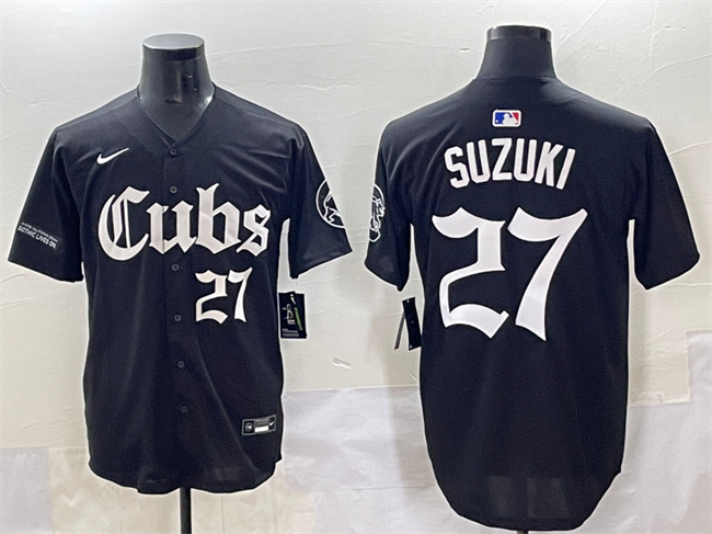 Men's Chicago Cubs #27 Seiya Suzuki Black 'Gothic North Side Edition' Vapor Premier Limited Stitched Baseball Jersey