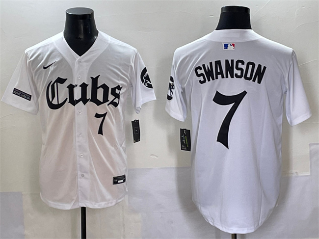 Men's Chicago Cubs #7 Dansby Swanson White 'Gothic North Side Edition' Vapor Premier Limited Stitched Baseball Jersey