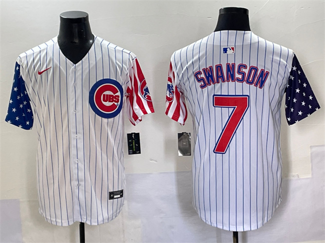 Men's Chicago Cubs #7 Dansby Swanson White Pinstripe 2025 Independence Day Vapor Premier Limited Stitched Baseball Jersey