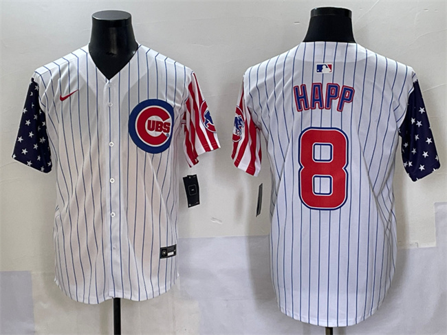 Men's Chicago Cubs #8 Ian Happ White Pinstripe 2025 Independence Day Vapor Premier Limited Stitched Baseball Jersey