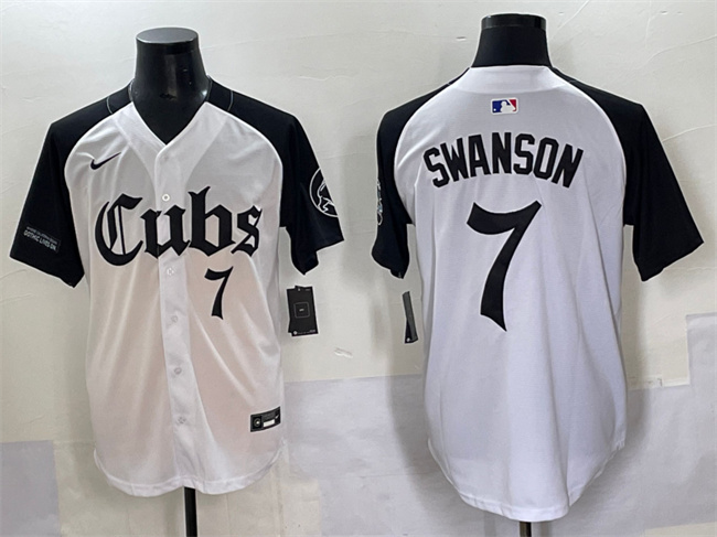 Men's Chicago Cubs #7 Dansby Swanson White Black 'Gothic North Side Edition' Vapor Premier Limited Stitched Baseball Jersey
