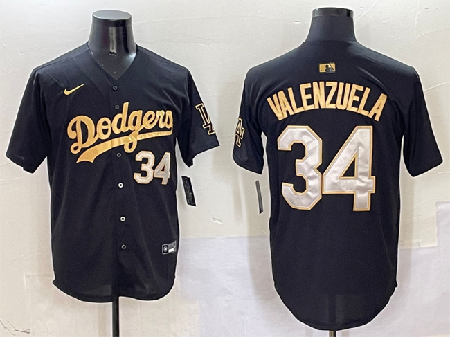 Men's Los Angeles Dodgers #34 Fernando Valenzuela Black Gold Limited Stitched Baseball Jersey