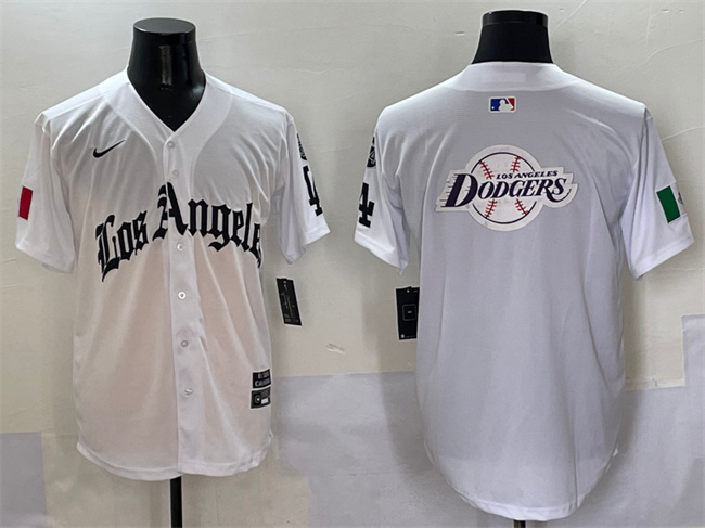 Men's Los Angeles Dodgers Team Big Logo White Mexico 2025 LA Gothic Style With Fernando Patch Vapor Premier Limited Stitched Baseball Jersey 001