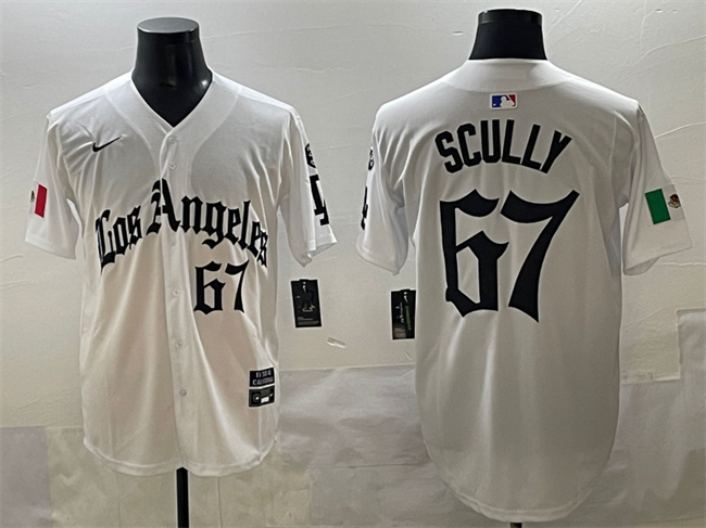 Men's Los Angeles Dodgers #67 Vin Scully White Mexico 2025 LA Gothic Style With Fernando Patch Vapor Premier Limited Stitched Baseball Jersey