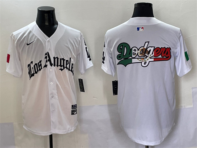 Men's Los Angeles Dodgers Team Big Logo White Mexico 2025 LA Gothic Style With Fernando Patch Vapor Premier Limited Stitched Baseball Jersey 004