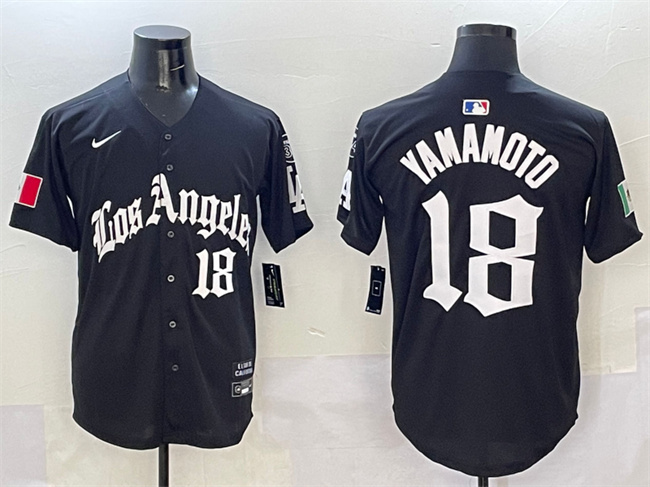 Men's Los Angeles Dodgers #18 Yoshinobu Yamamoto Black Mexico 2025 LA Gothic Style With Fernando Patch Vapor Premier Limited Stitched Baseball Jersey