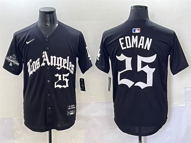 Men's Los Angeles Dodgers #25 Tommy Edman Black 2025 LA Gothic Style With 2024 World Series Champions Patch Vapor Premier Limited Stitched Baseball Jersey