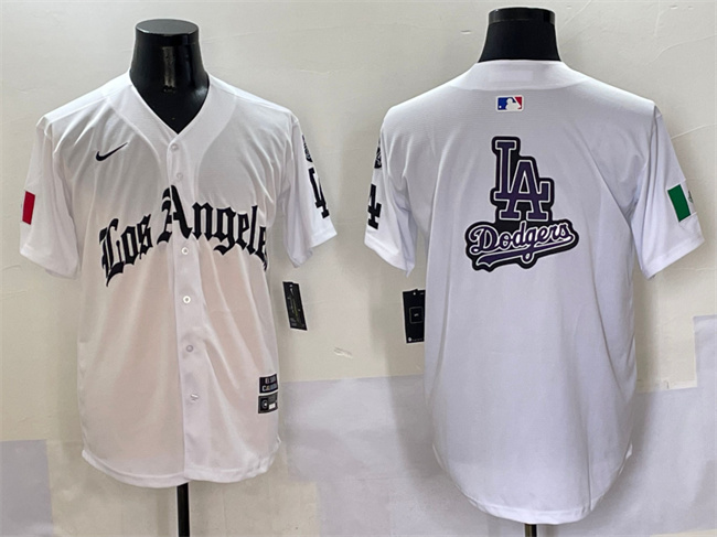 Men's Los Angeles Dodgers Team Big Logo White Mexico 2025 LA Gothic Style With Fernando Patch Vapor Premier Limited Stitched Baseball Jersey 002