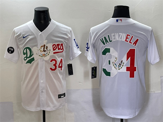 Men's Los Angeles Dodgers #34 Fernando Valenzuela White Mexico Special Vin Scully Patch Stitched Baseball Jersey