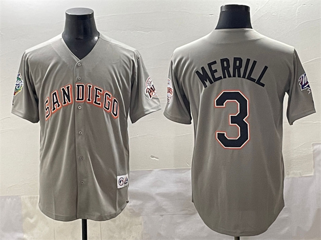 Men's San Diego Padres #3 Jackson Merrill Grey Fashion Throwback With Patch Cool Base Stitched Jersey