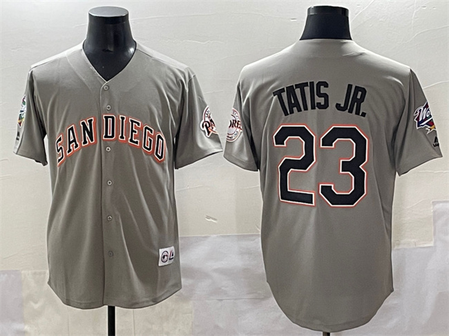 Men's San Diego Padres #23 Fernando Tatis Jr. Grey Fashion Throwback With Patch Cool Base Stitched Jersey