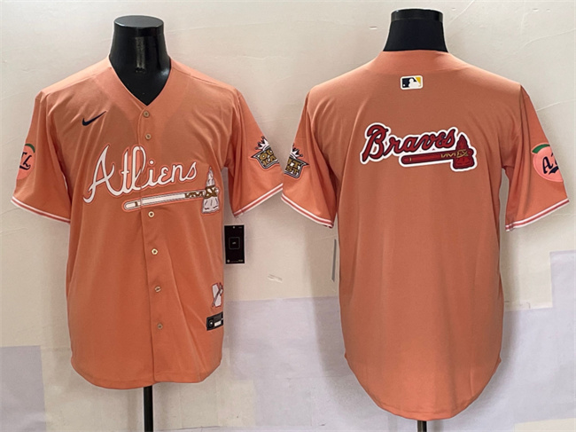 Men's Atlanta Braves Team Big Logo Peach 2024 Atliens & Peach With Outkast Patch Vapor Limited Stitched Baseball Jersey